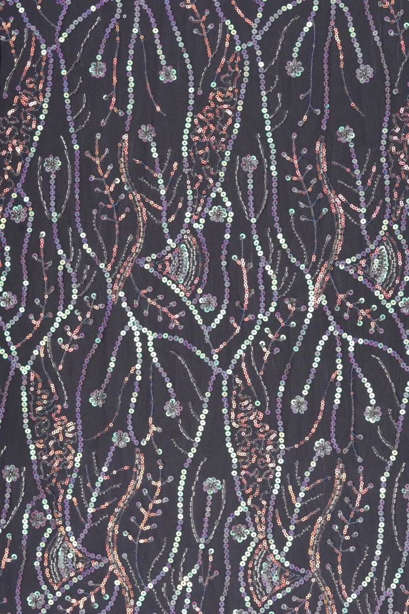 Black Mesh Fabric with Floral Beaded Vine Embroidery - غاجي والا إكسبورت Gajiwala Export