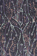 Black Mesh Fabric with Floral Beaded Vine Embroidery- غاجي والا إكسبورت Gajiwala Export