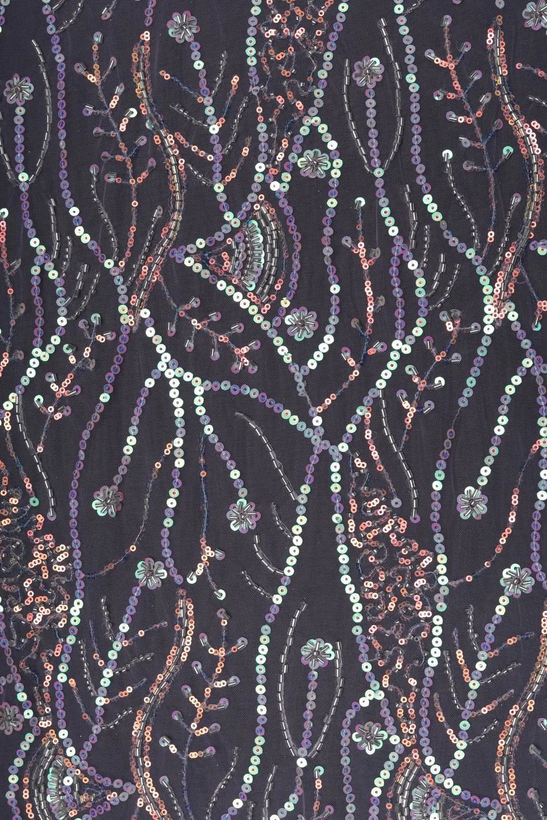 Black Mesh Fabric with Floral Beaded Vine Embroidery- غاجي والا إكسبورت Gajiwala Export