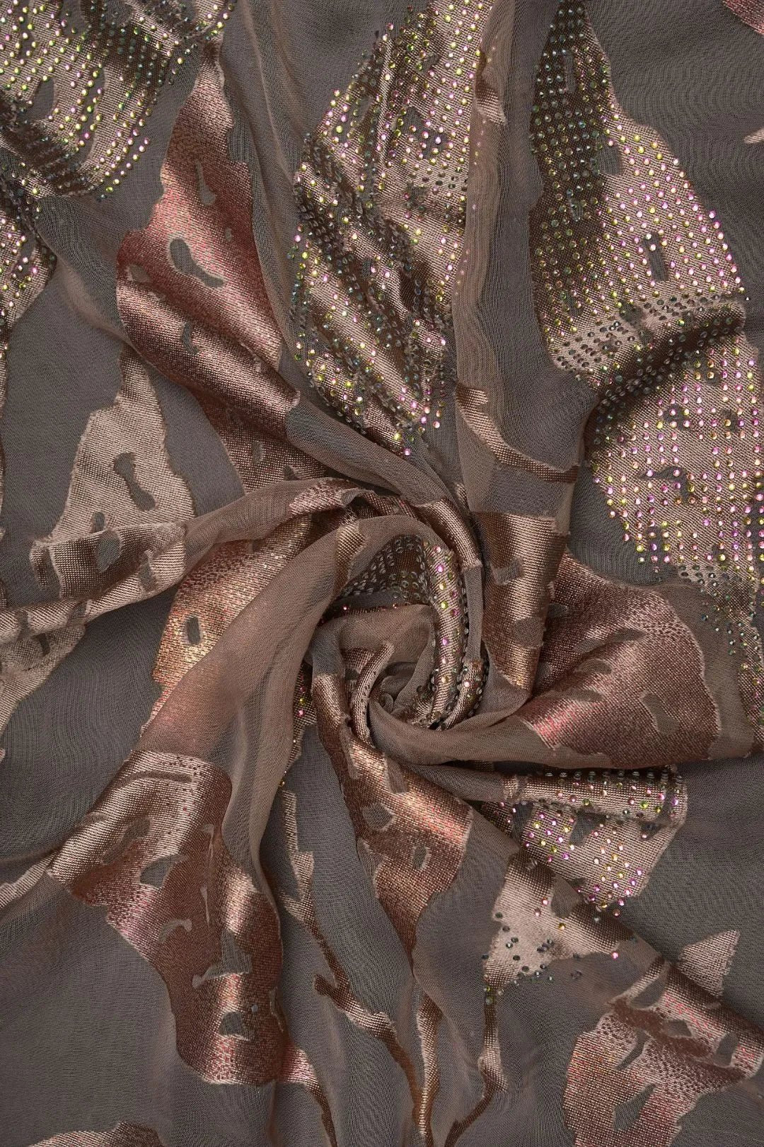 Copper Abstract Mesh Fabric with Iridescent Crystals - غاجي والا إكسبورت Gajiwala Export