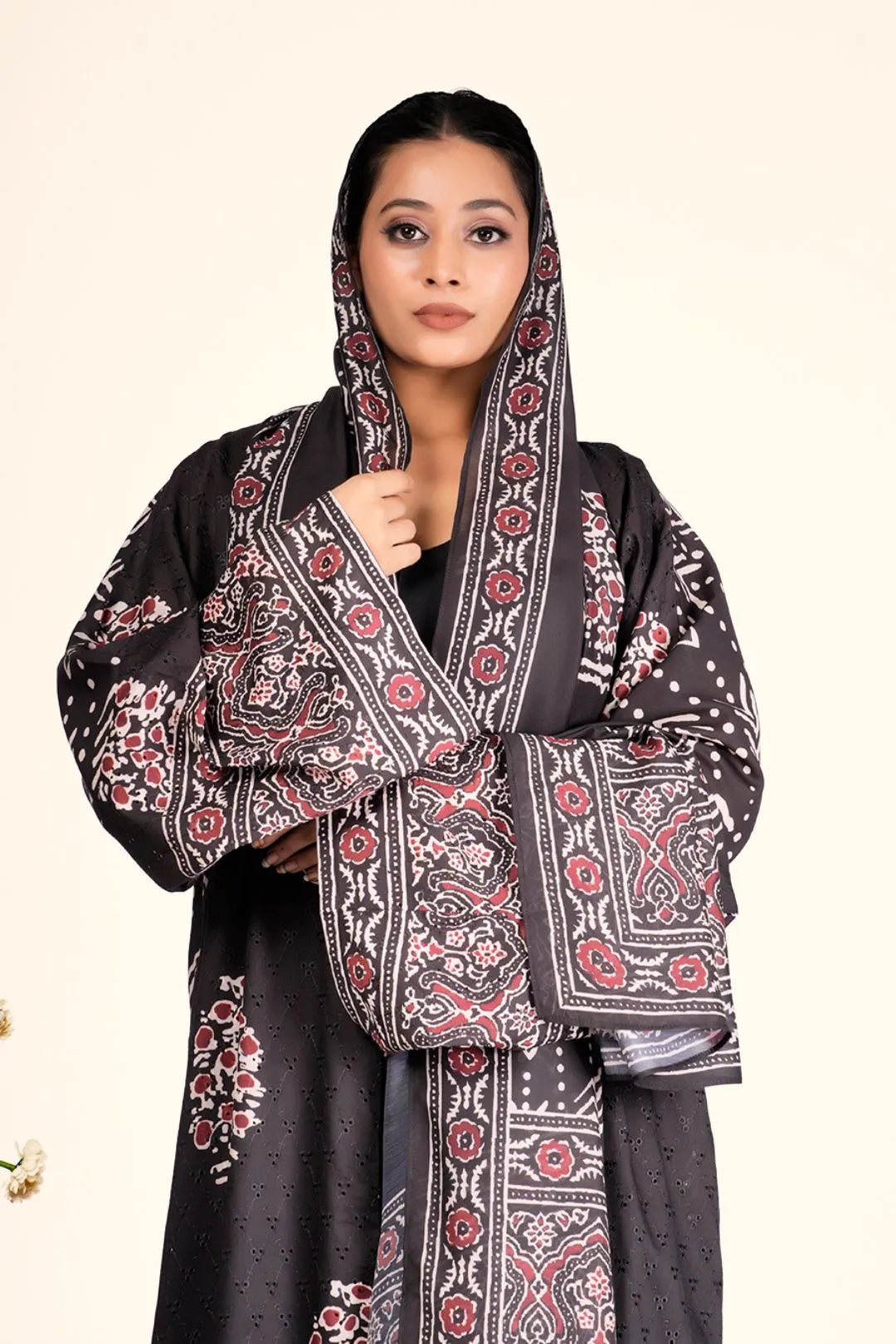 Cotton Chikankari Shrug with Ajrak-Inspired Design - غاجي والا إكسبورت Gajiwala Export