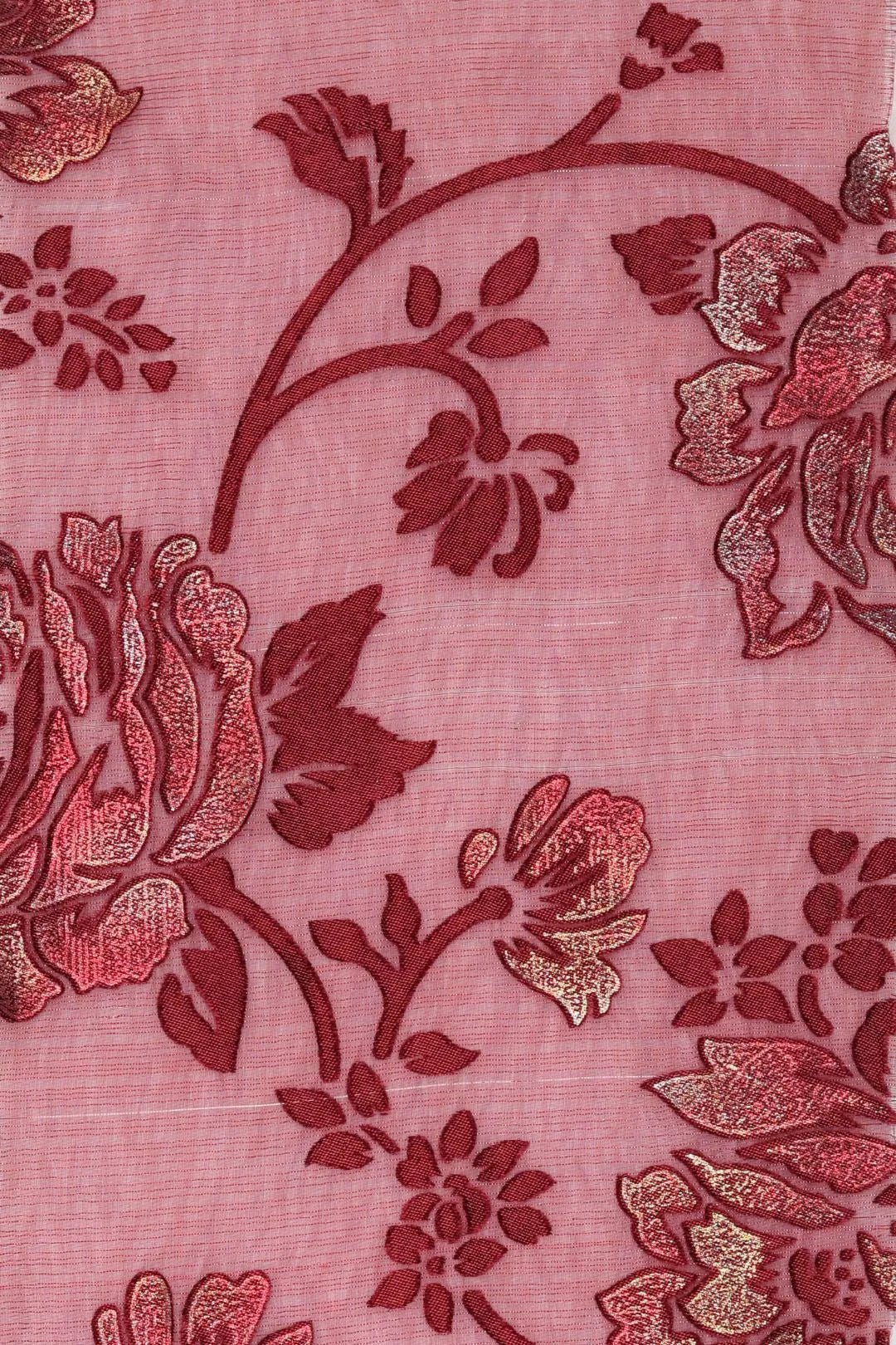 Elegant Crimson Lurex Floral Mesh Fabric- غاجي والا إكسبورت Gajiwala Export