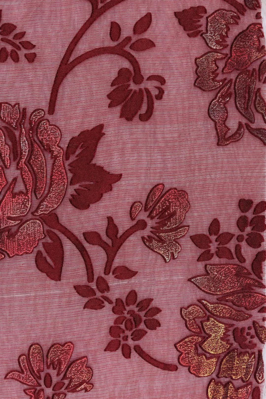 Elegant Crimson Lurex Floral Mesh Fabric - غاجي والا إكسبورت Gajiwala Export