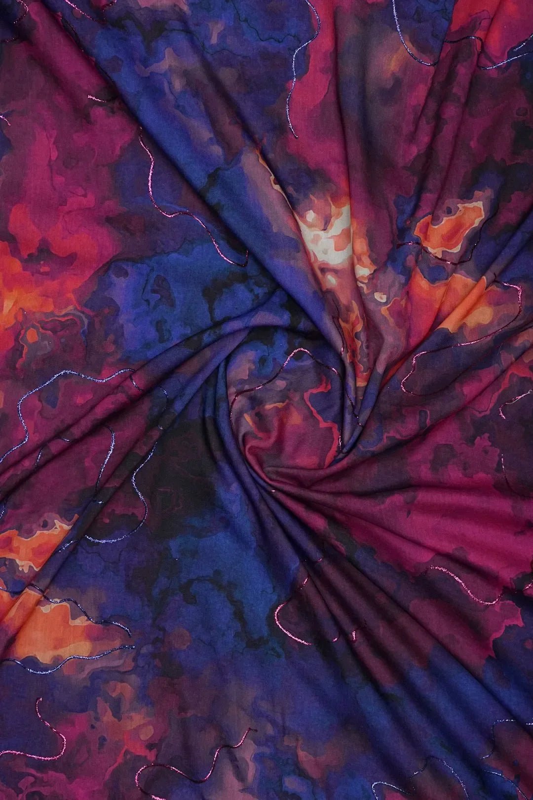 Dark Swirl Digital Print Fabric with Neon Zari Outline - غاجي والا إكسبورت Gajiwala Export