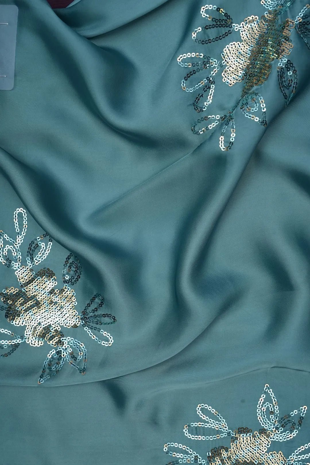 Luxury Sea Green Fabric with Sequin Floral Motifs for Sarees- غاجي والا إكسبورت Gajiwala Export