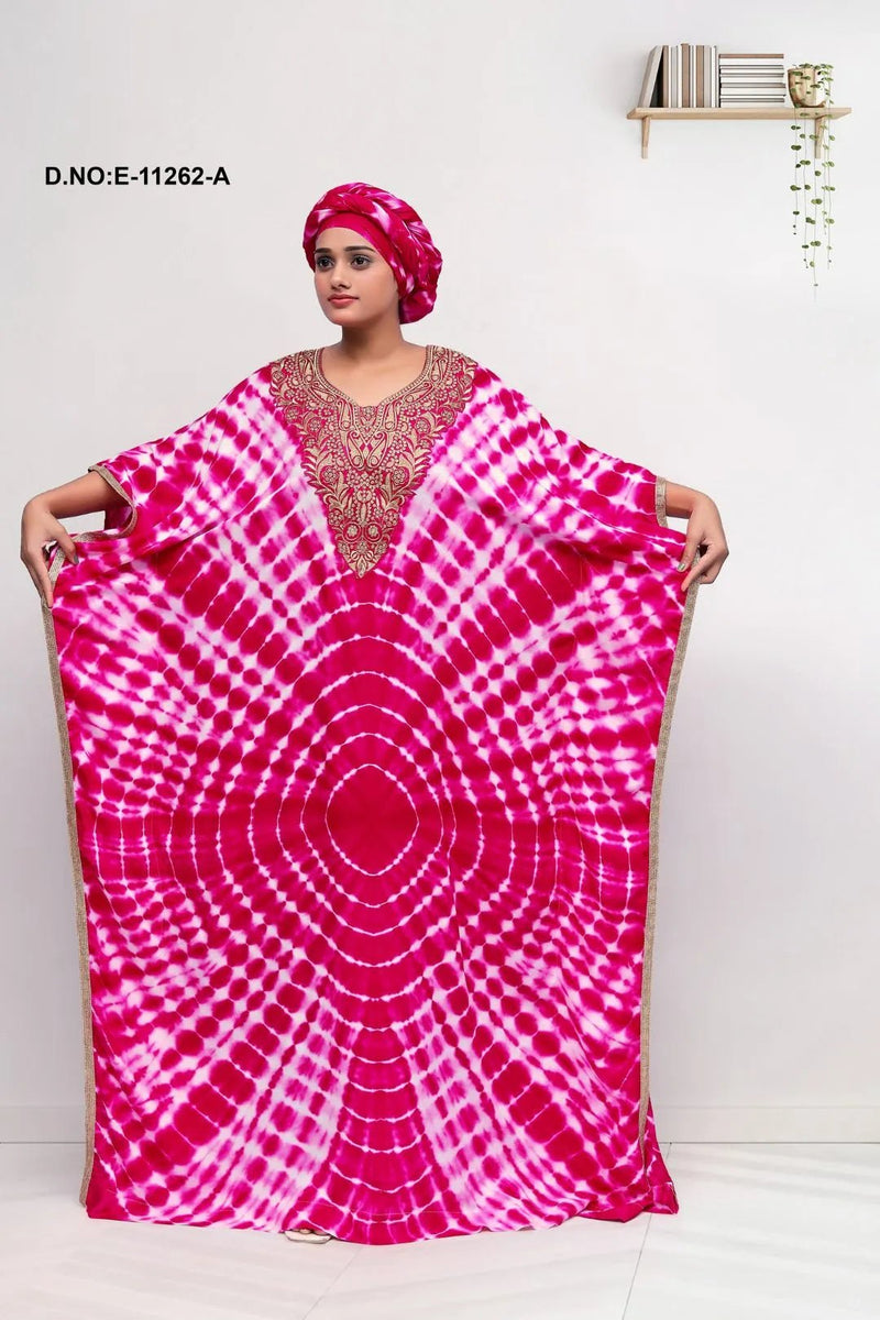 Fuchsia Tie-Dye Embroidered Kaftan Maxi Dress for Women - غاجي والا إكسبورت Gajiwala Export