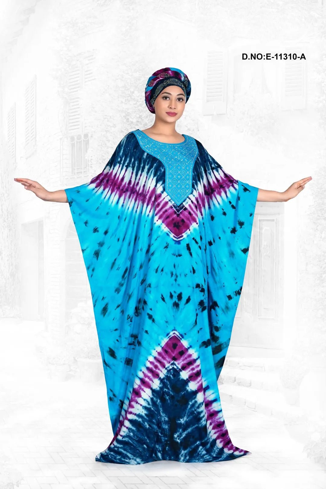 Farasha Kaftan Gown with Tie - Dye Motif Yoke - غاجي والا إكسبورت Gajiwala Export