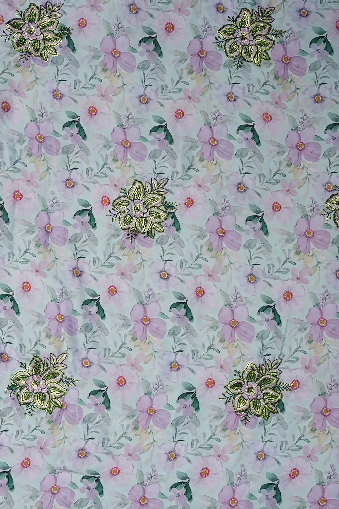 Floral Print with Green & Gold Sequin Cluster Fabric - غاجي والا إكسبورت Gajiwala Export
