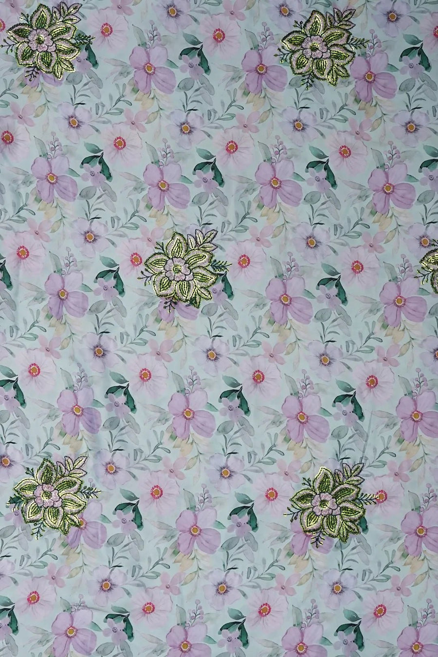 Floral Print with Green & Gold Sequin Cluster Fabric - غاجي والا إكسبورت Gajiwala Export