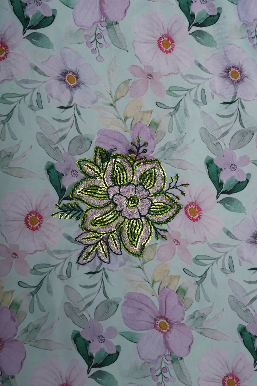 Floral Print with Green & Gold Sequin Cluster Fabric - غاجي والا إكسبورت Gajiwala Export