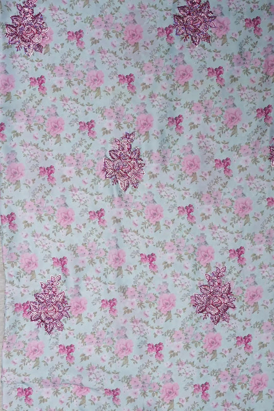 Floral Print with Pink Sequin Cluster Fabric - غاجي والا إكسبورت Gajiwala Export