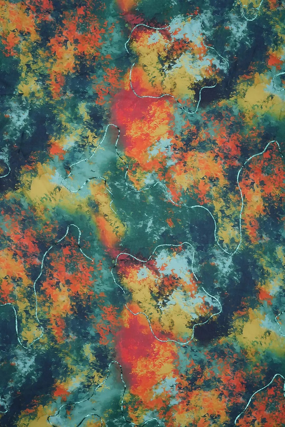 Forest Fire Abstract with Shimmering Zari Trails Fabric - غاجي والا إكسبورت Gajiwala Export