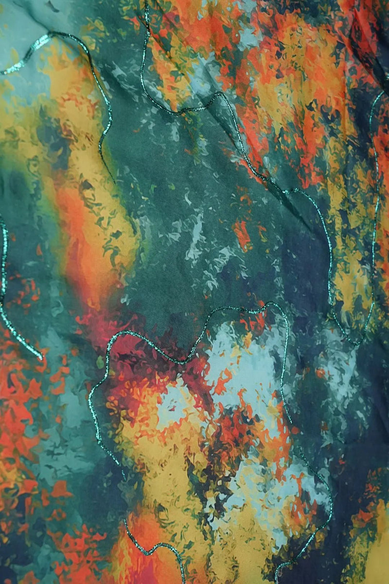 Forest Fire Abstract with Shimmering Zari Trails Fabric - غاجي والا إكسبورت Gajiwala Export