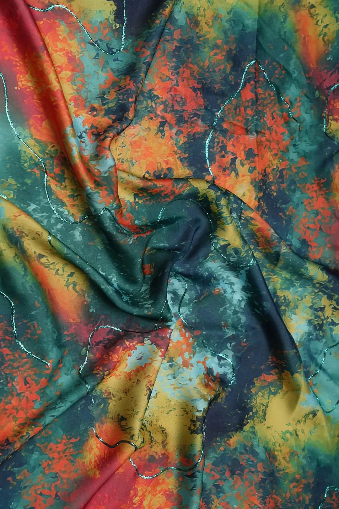 Forest Fire Abstract with Shimmering Zari Trails Fabric - غاجي والا إكسبورت Gajiwala Export