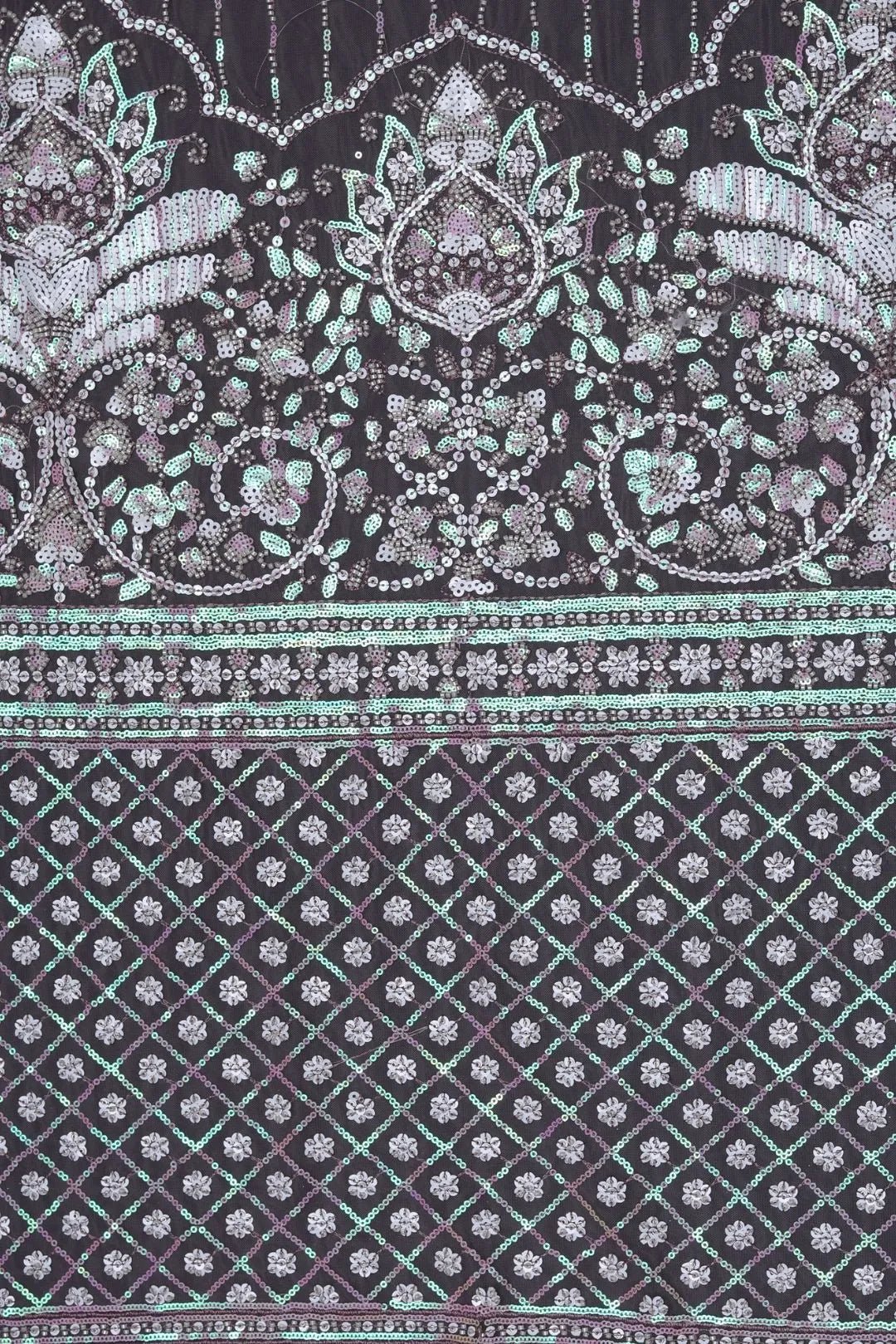 black mesh fabric with Multi-Tone Sequined and Jaali Pattern - غاجي والا إكسبورت Gajiwala Export