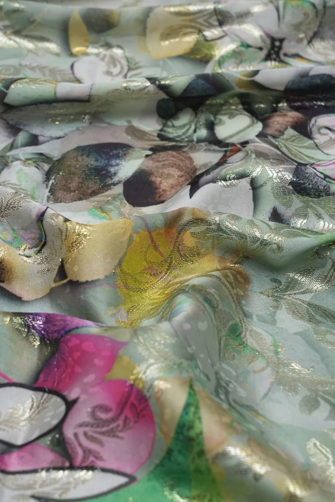 Green Floral Digital Print Brocade Fabric with Weave - غاجي والا إكسبورت Gajiwala Export