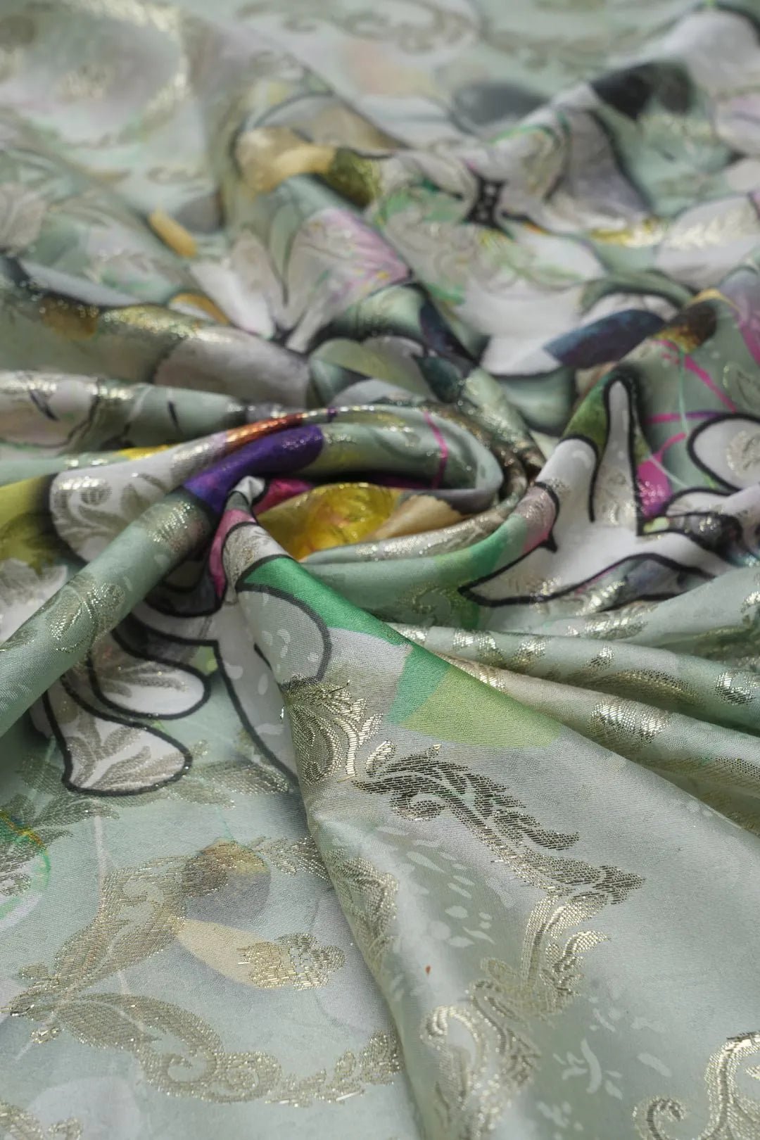 Green Floral Digital Print Brocade Fabric with Weave - غاجي والا إكسبورت Gajiwala Export