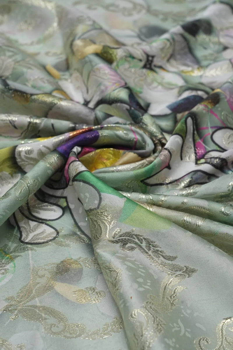 Green Floral Digital Print Brocade Fabric with Weave - غاجي والا إكسبورت Gajiwala Export