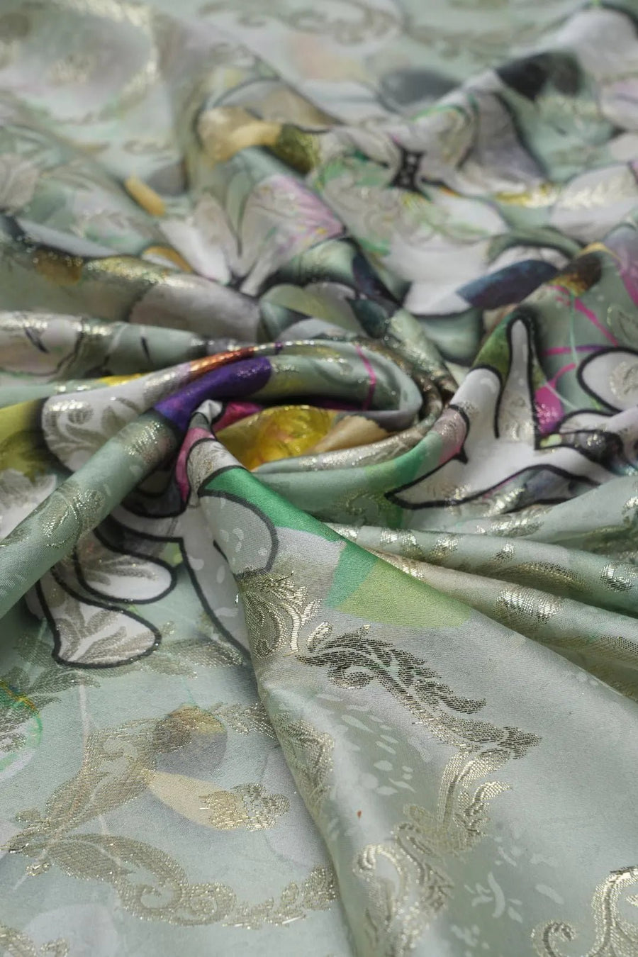 Green Floral Digital Print Brocade Fabric with Weave - غاجي والا إكسبورت Gajiwala Export