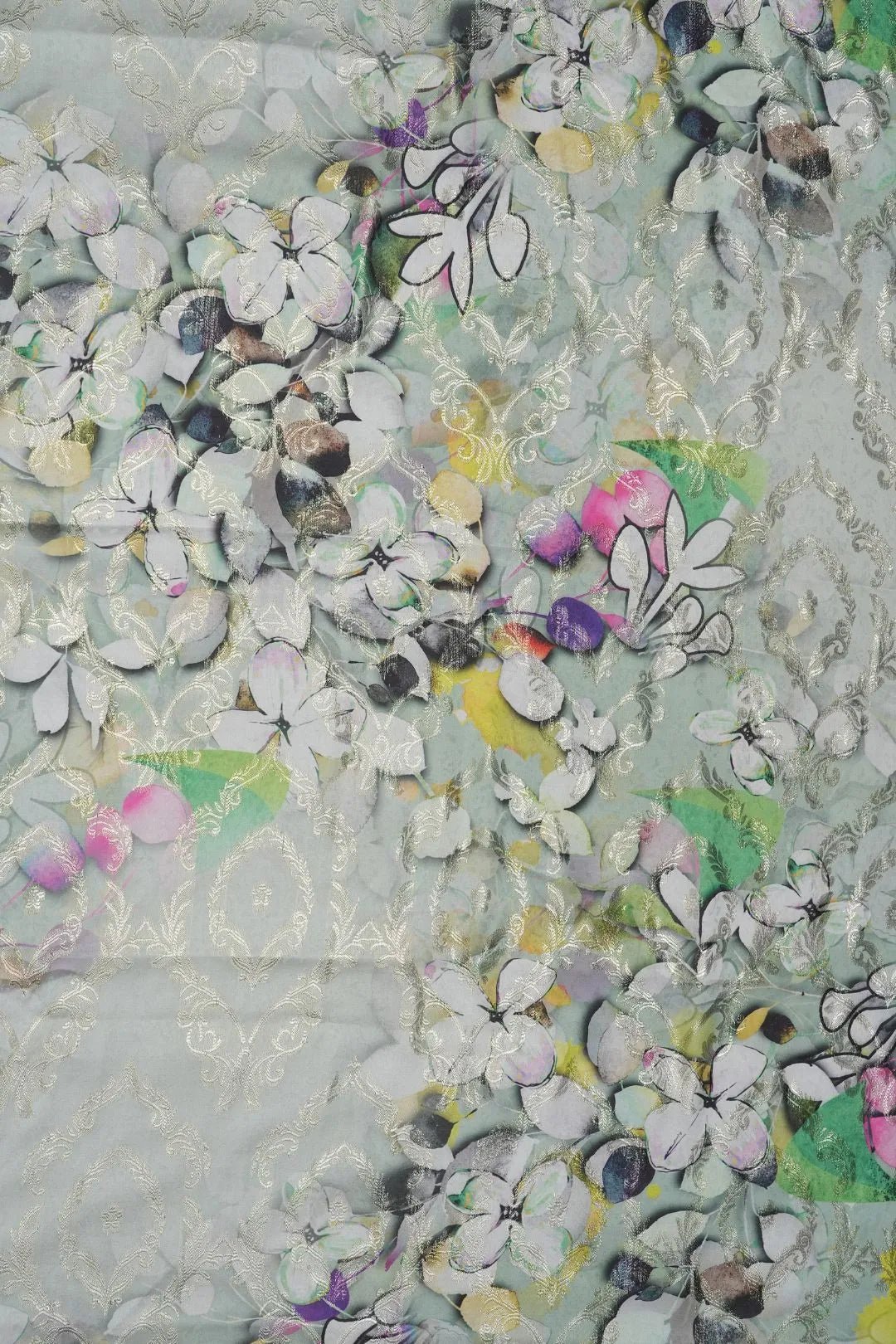 Green Floral Digital Print Brocade Fabric with Weave - غاجي والا إكسبورت Gajiwala Export