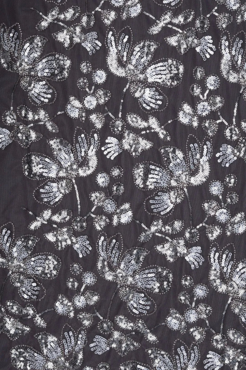 Heavy Silver Abstract Floral Sequin Work Fabric - غاجي والا إكسبورت Gajiwala Export