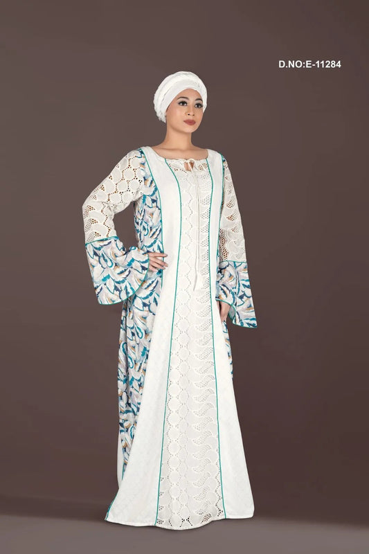 Intricate White Lace Kaftan with Print Panels - غاجي والا إكسبورت Gajiwala Export