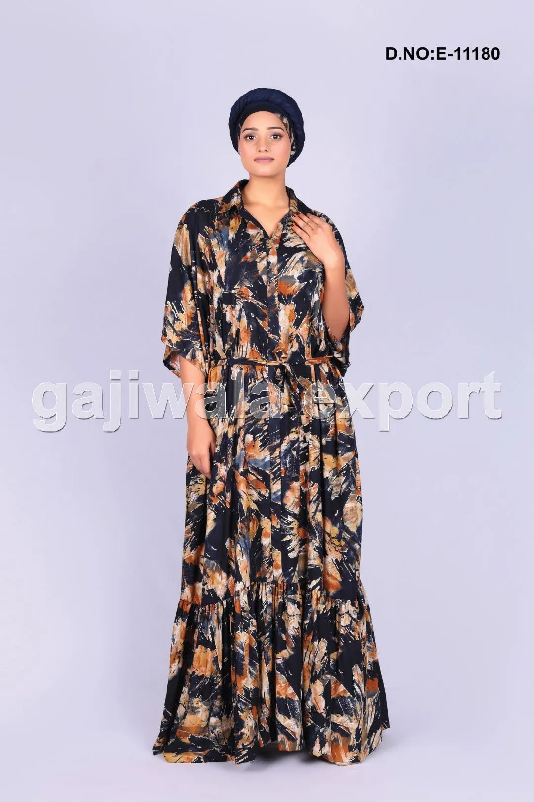 Kaftan Dress with Abstract Print and Belt - غاجي والا إكسبورت Gajiwala Export