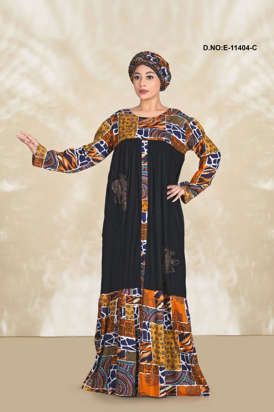 Kaftan Dress with Black Panel and Print Block - غاجي والا إكسبورت Gajiwala Export
