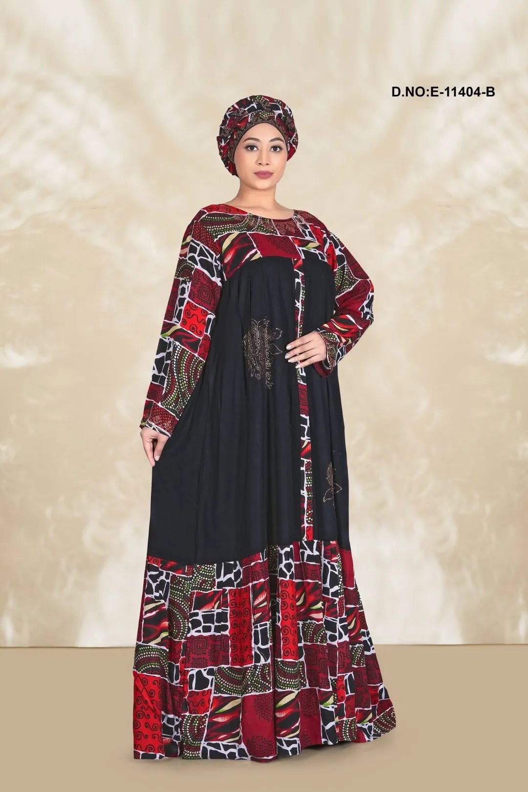 Kaftan Dress with Black Panel and Print Block - غاجي والا إكسبورت Gajiwala Export
