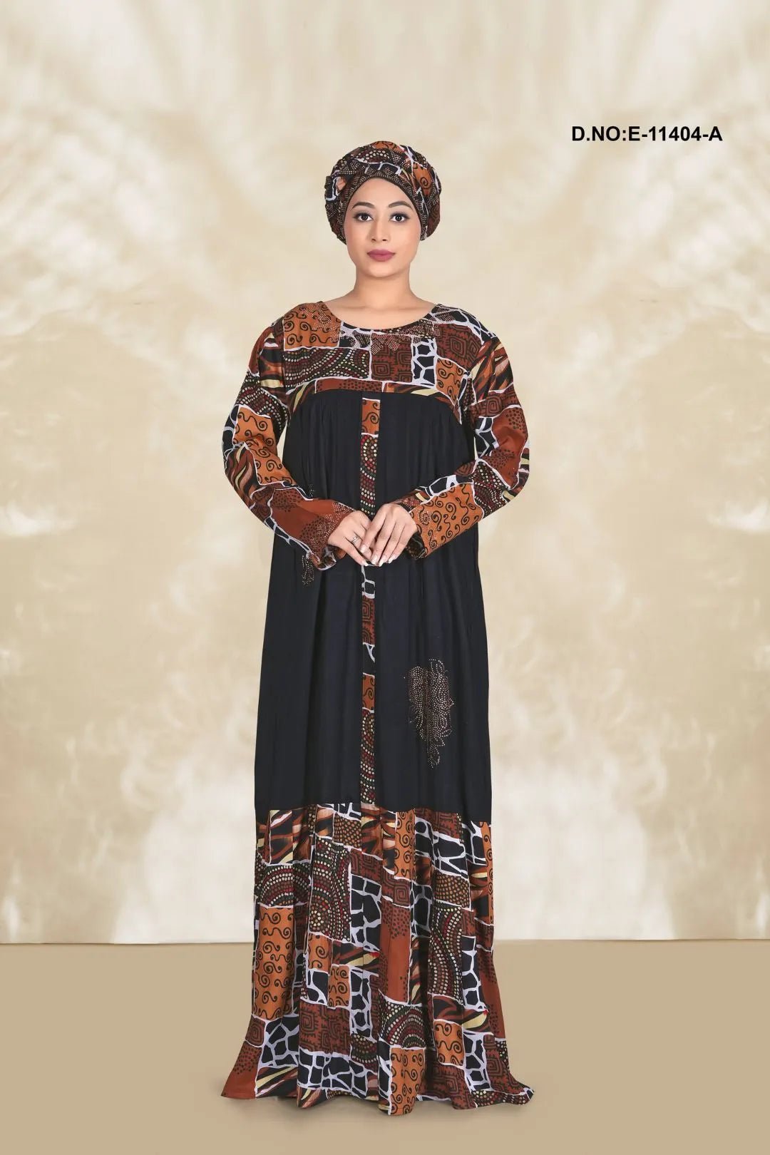 Kaftan Dress with Black Panel and Print Block - غاجي والا إكسبورت Gajiwala Export