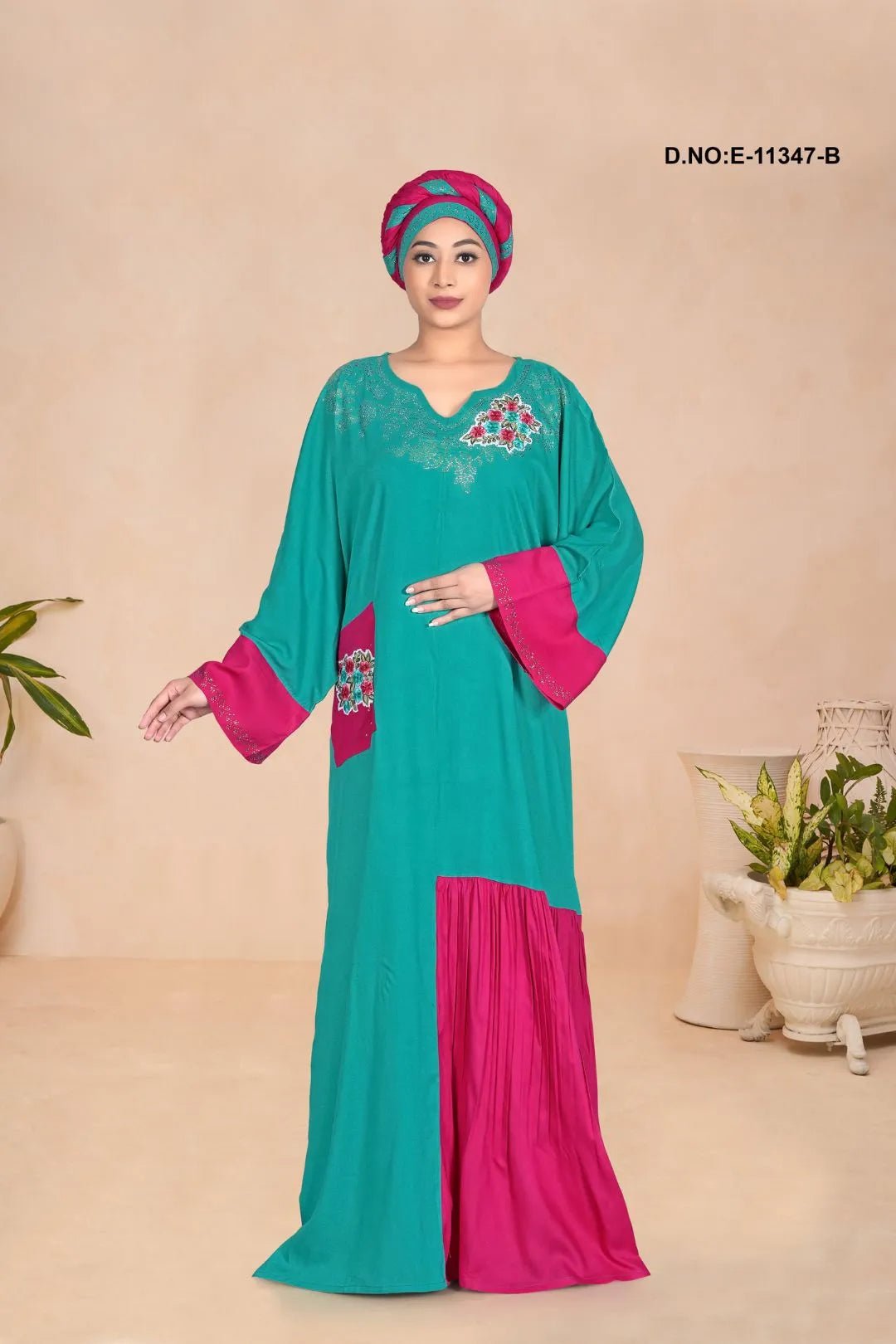 Kaftan Dress with Block and Floral Motifs - غاجي والا إكسبورت Gajiwala Export