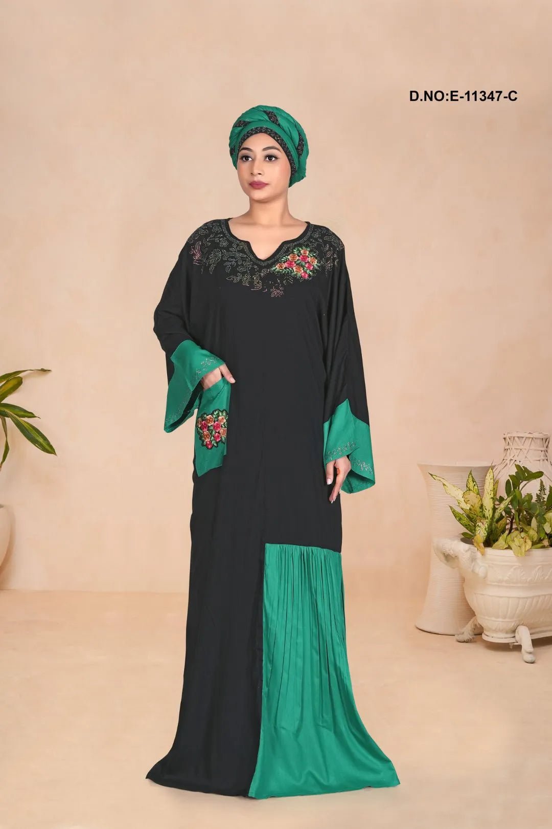 Kaftan Dress with Block and Floral Motifs - غاجي والا إكسبورت Gajiwala Export