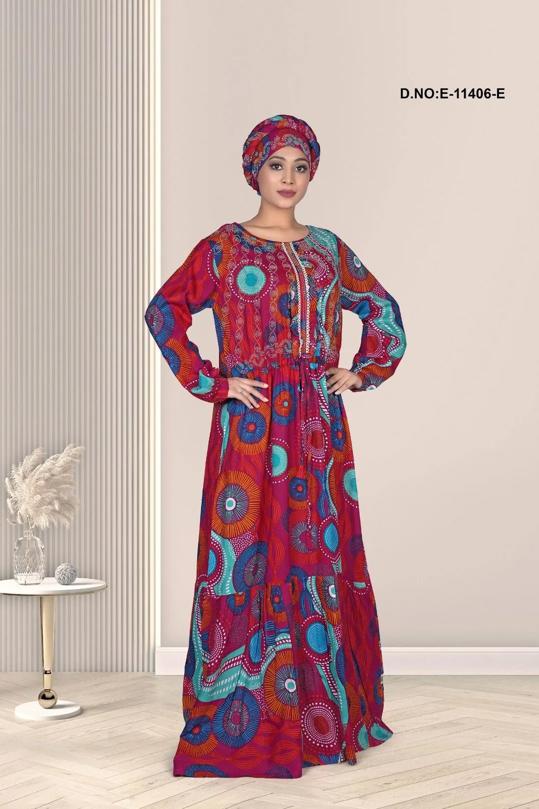 Kaftan Dress with Bohemian Circular Print Art - غاجي والا إكسبورت Gajiwala Export