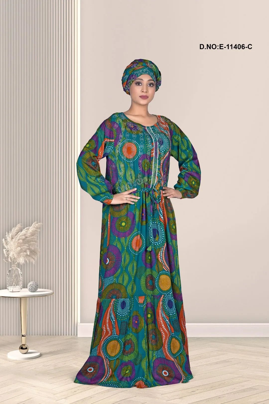 Kaftan Dress with Bohemian Circular Print Art - غاجي والا إكسبورت Gajiwala Export