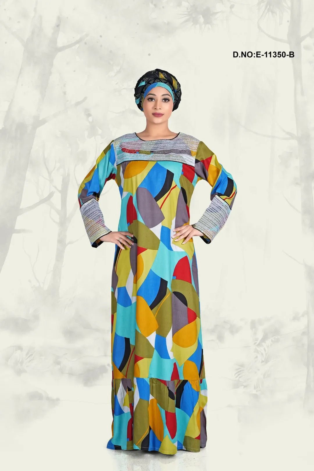 Kaftan Dress with Geometric Color Block Print - غاجي والا إكسبورت Gajiwala Export
