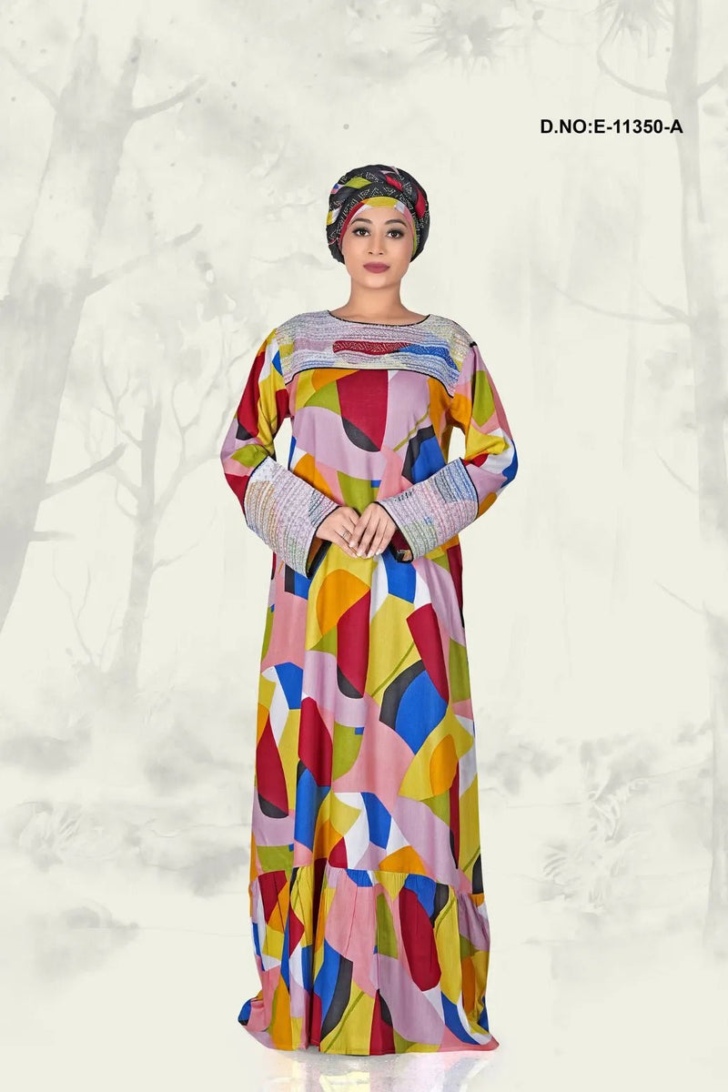 Kaftan Dress with Geometric Color Block Print - غاجي والا إكسبورت Gajiwala Export