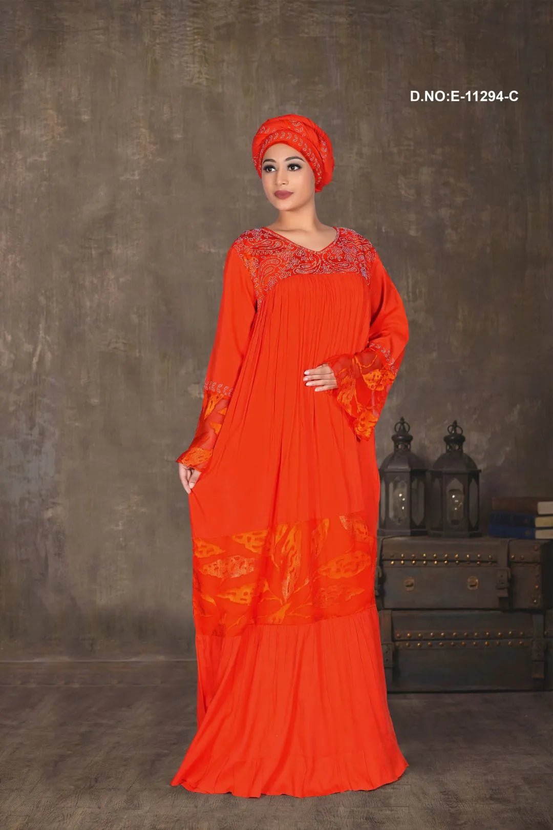 Kaftan Gown with Lace Yoke and Print Panel - غاجي والا إكسبورت Gajiwala Export
