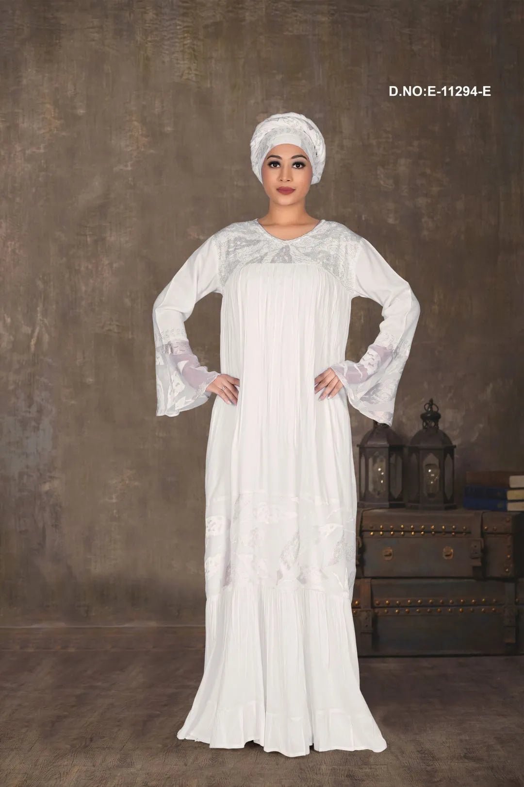Kaftan Gown with Lace Yoke and Print Panel - غاجي والا إكسبورت Gajiwala Export