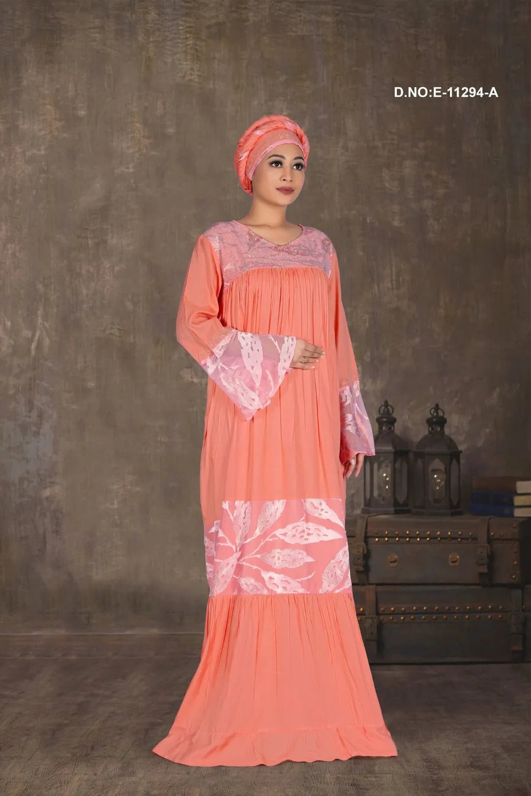 Kaftan Gown with Lace Yoke and Print Panel - غاجي والا إكسبورت Gajiwala Export