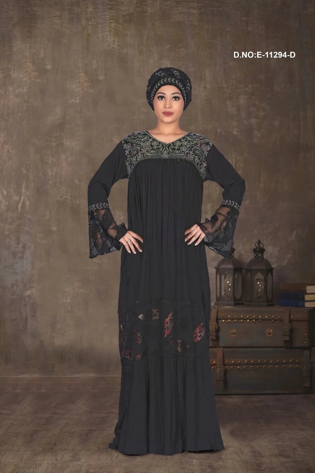 Kaftan Gown with Lace Yoke and Print Panel - غاجي والا إكسبورت Gajiwala Export