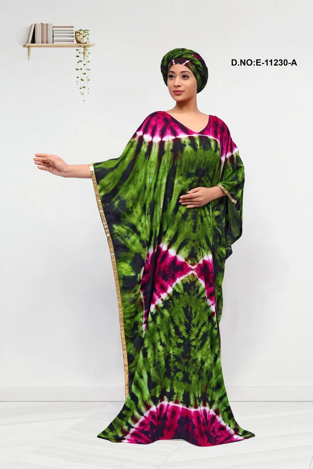Kaftan Gown with Symmetrical Green Tie - Dye - غاجي والا إكسبورت Gajiwala Export