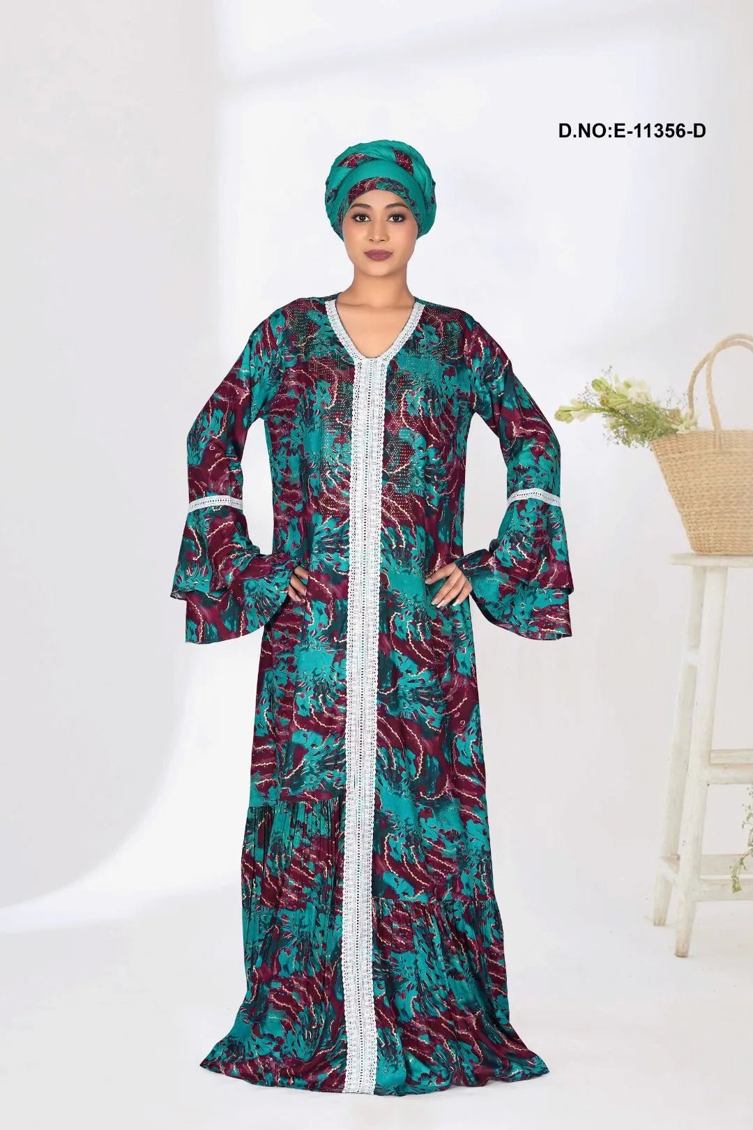 Kaftan with Abstract Print and White Trim - غاجي والا إكسبورت Gajiwala Export
