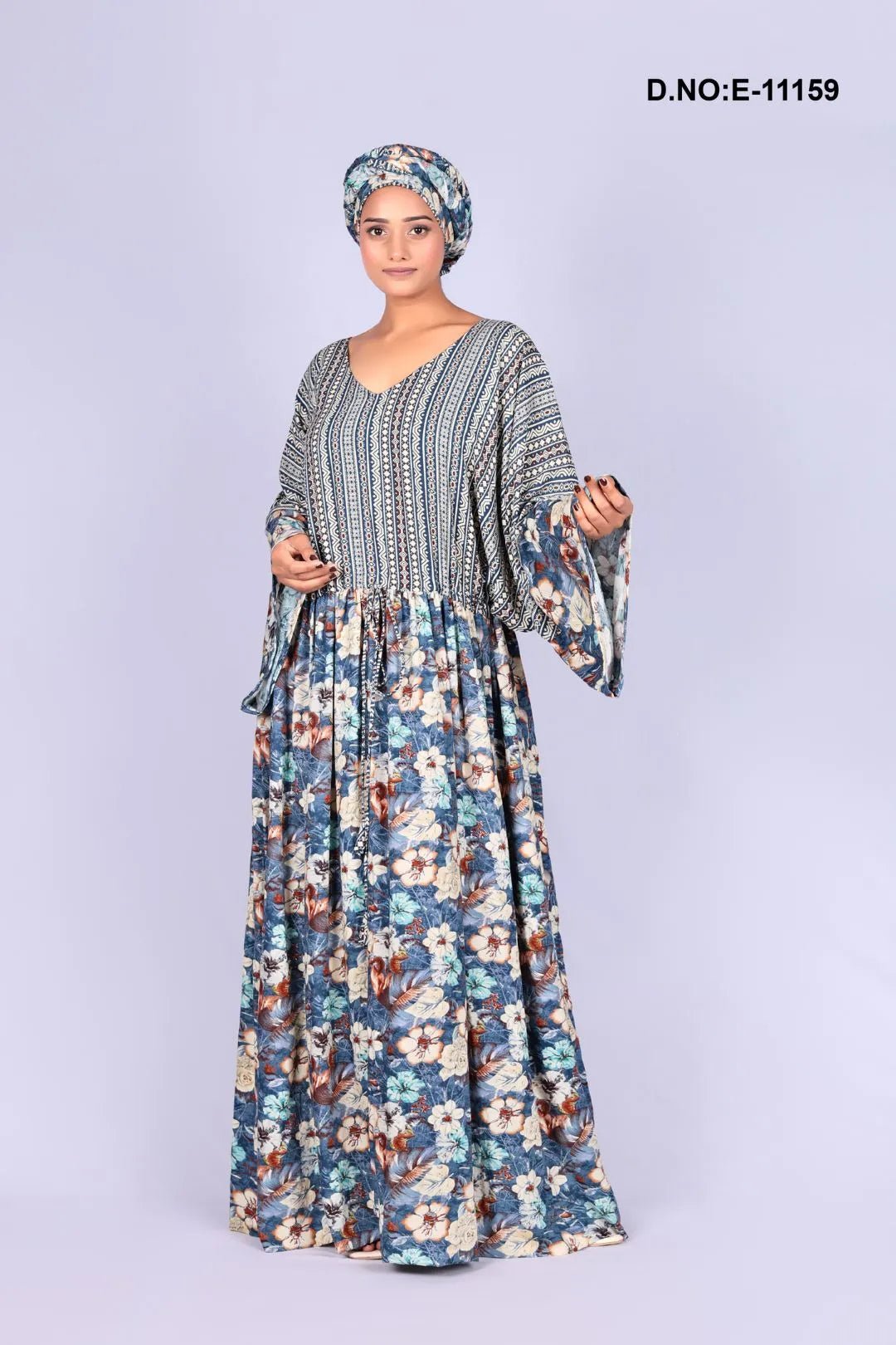Kaftan with Floral Print and Striped Yoke - غاجي والا إكسبورت Gajiwala Export