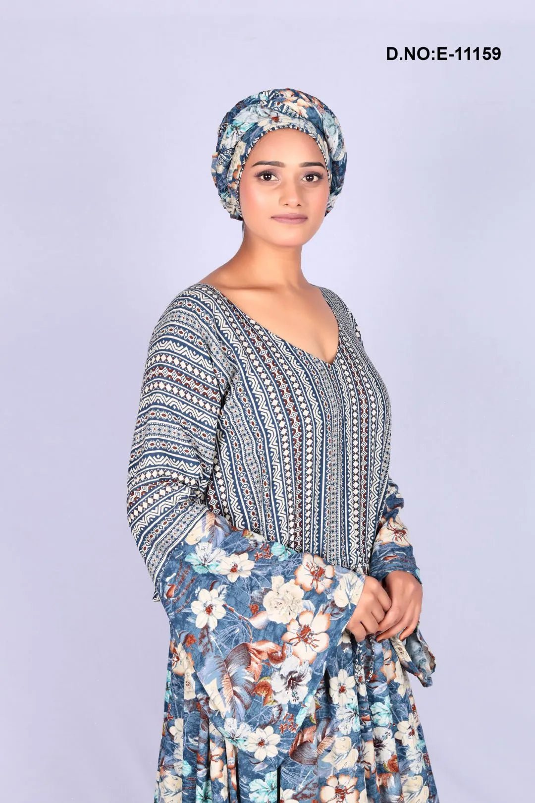Kaftan with Floral Print and Striped Yoke - غاجي والا إكسبورت Gajiwala Export