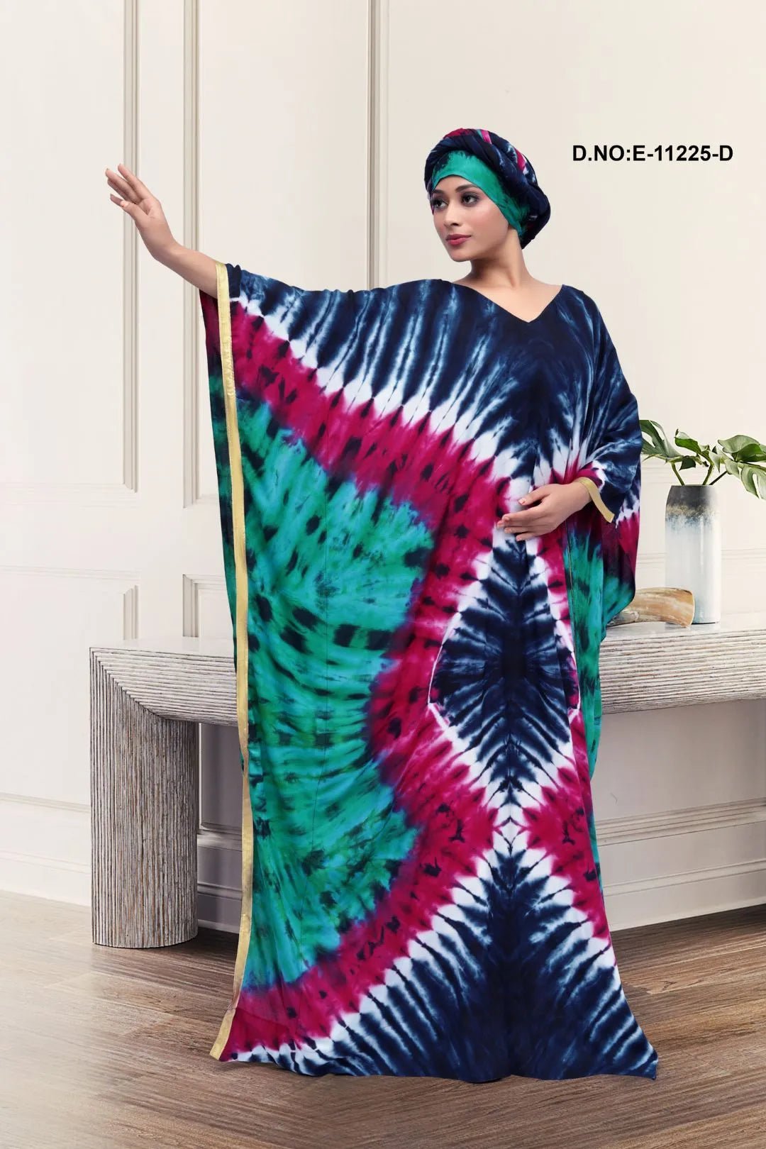 Kaftan with Vibrant Tie - Dye and Gold Trim - غاجي والا إكسبورت Gajiwala Export