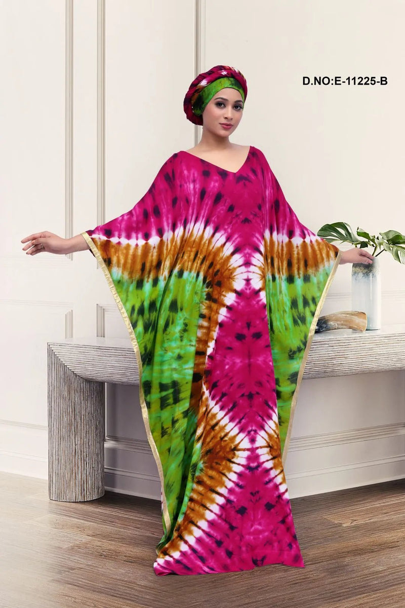 Kaftan with Vibrant Tie - Dye and Gold Trim - غاجي والا إكسبورت Gajiwala Export