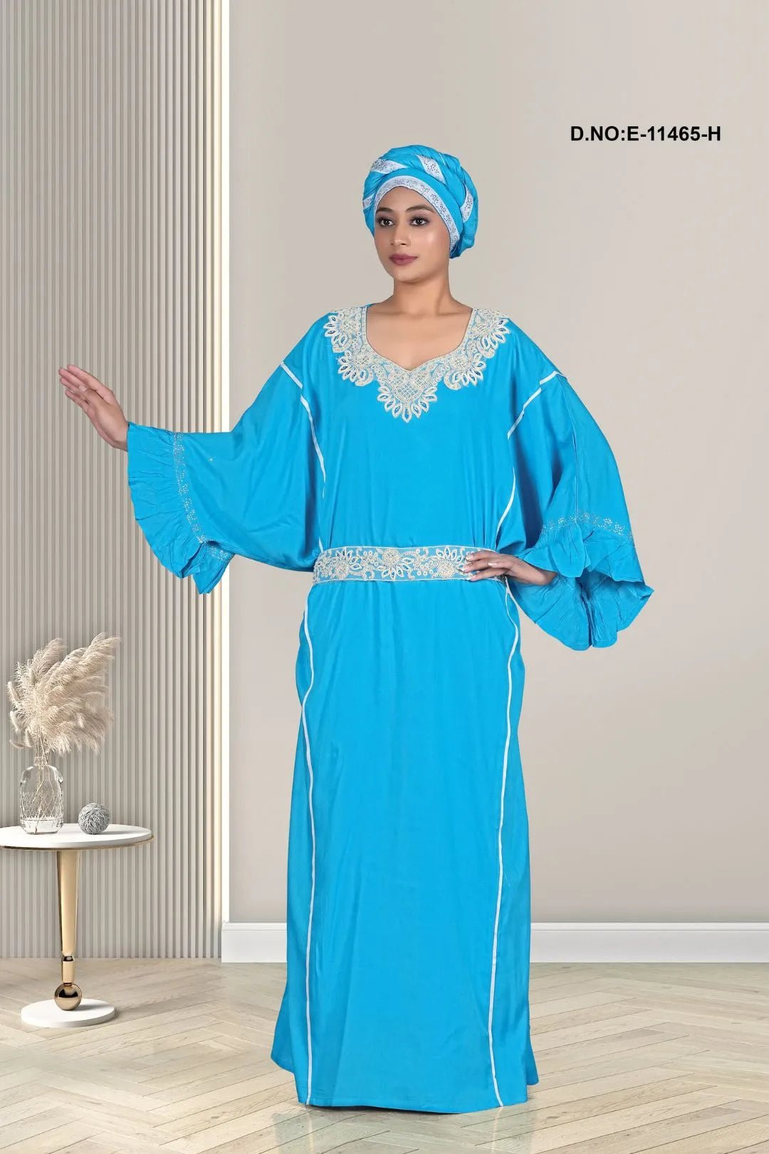 Kaftan with White Embroidered Yoke and Belt - غاجي والا إكسبورت Gajiwala Export
