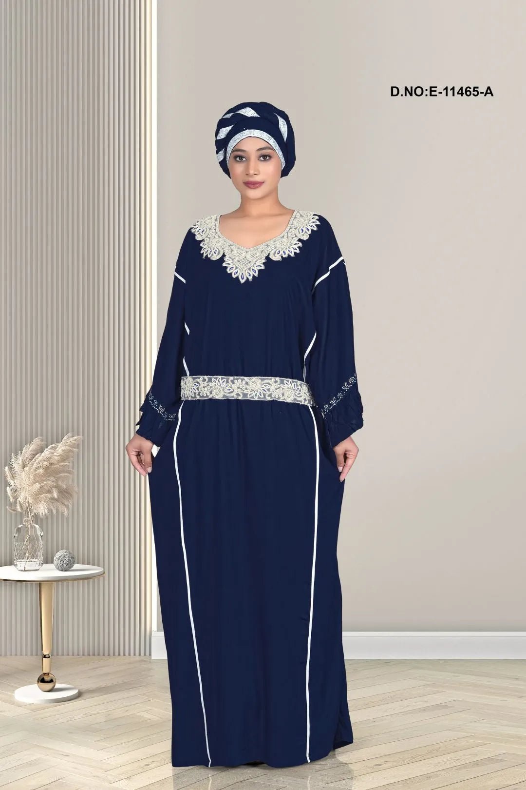 Kaftan with White Embroidered Yoke and Belt - غاجي والا إكسبورت Gajiwala Export