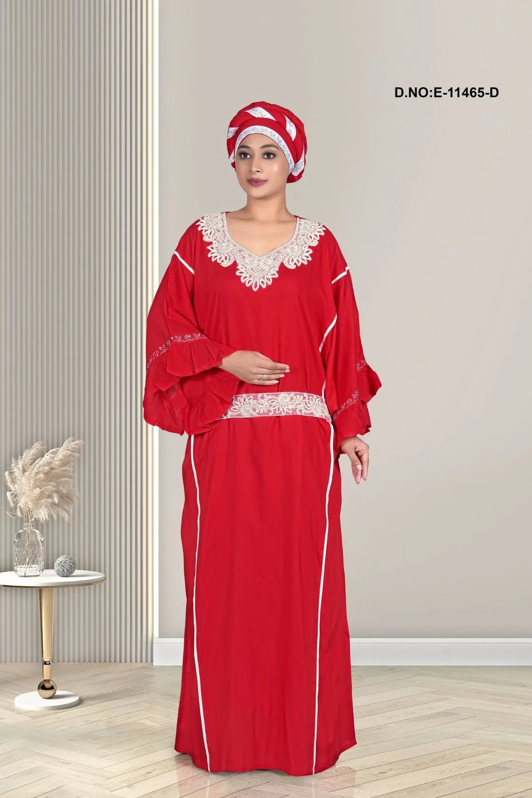 Kaftan with White Embroidered Yoke and Belt - غاجي والا إكسبورت Gajiwala Export