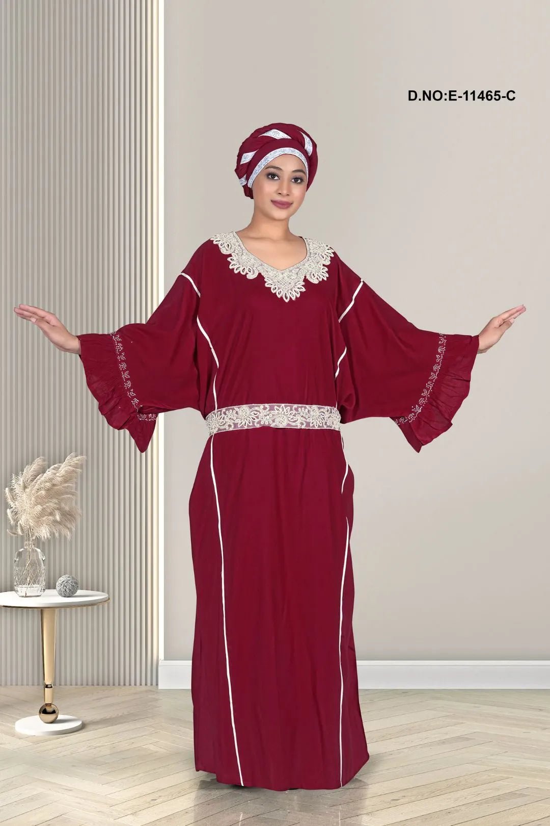 Kaftan with White Embroidered Yoke and Belt - غاجي والا إكسبورت Gajiwala Export